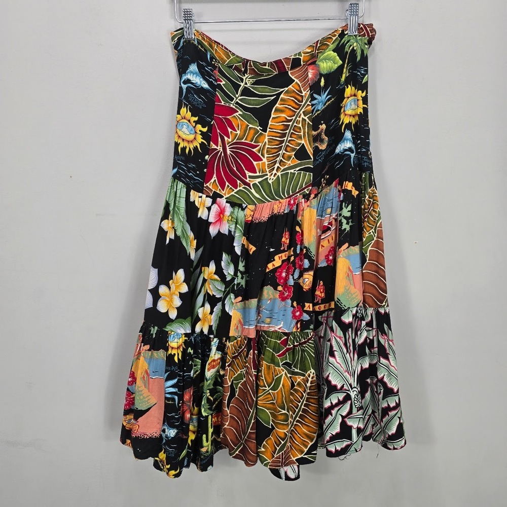 VTG Ku‎ de ta Midi Skirt M Tiered Tropical Hawaiian Resort Summer Flowy Whimsy